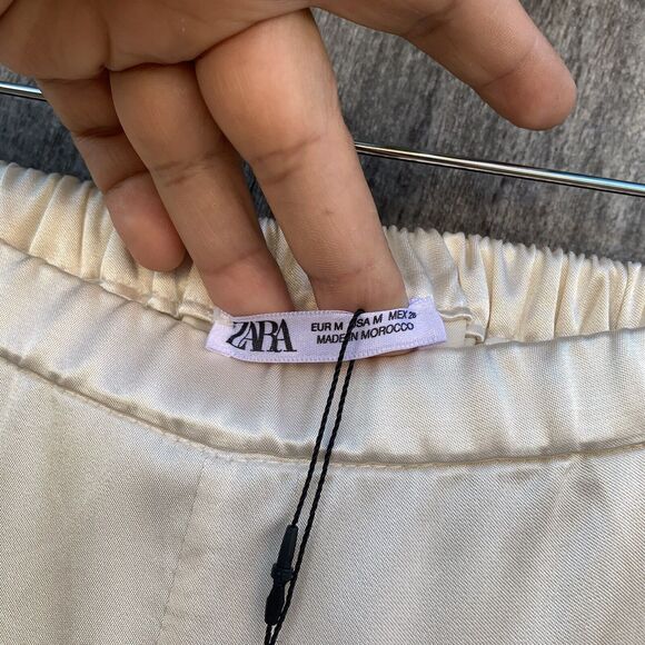 ZARA Pants Womens Sz Medium Ivory Lingerie Satin Cream High Rise Elastic Waist - Picture 8 of 13